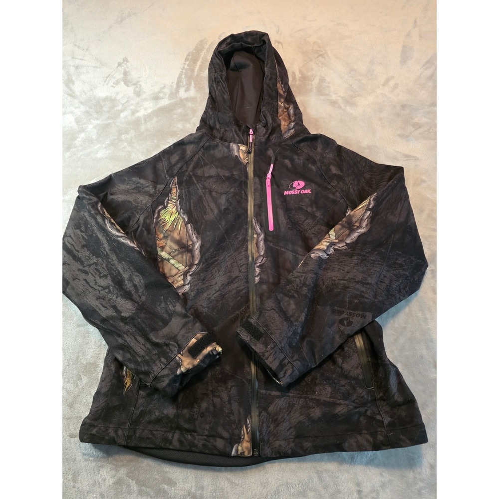Mossy Oak Jacket Women L Black Pink Eclipse Camo Hooded Softshell Hunting Coat
